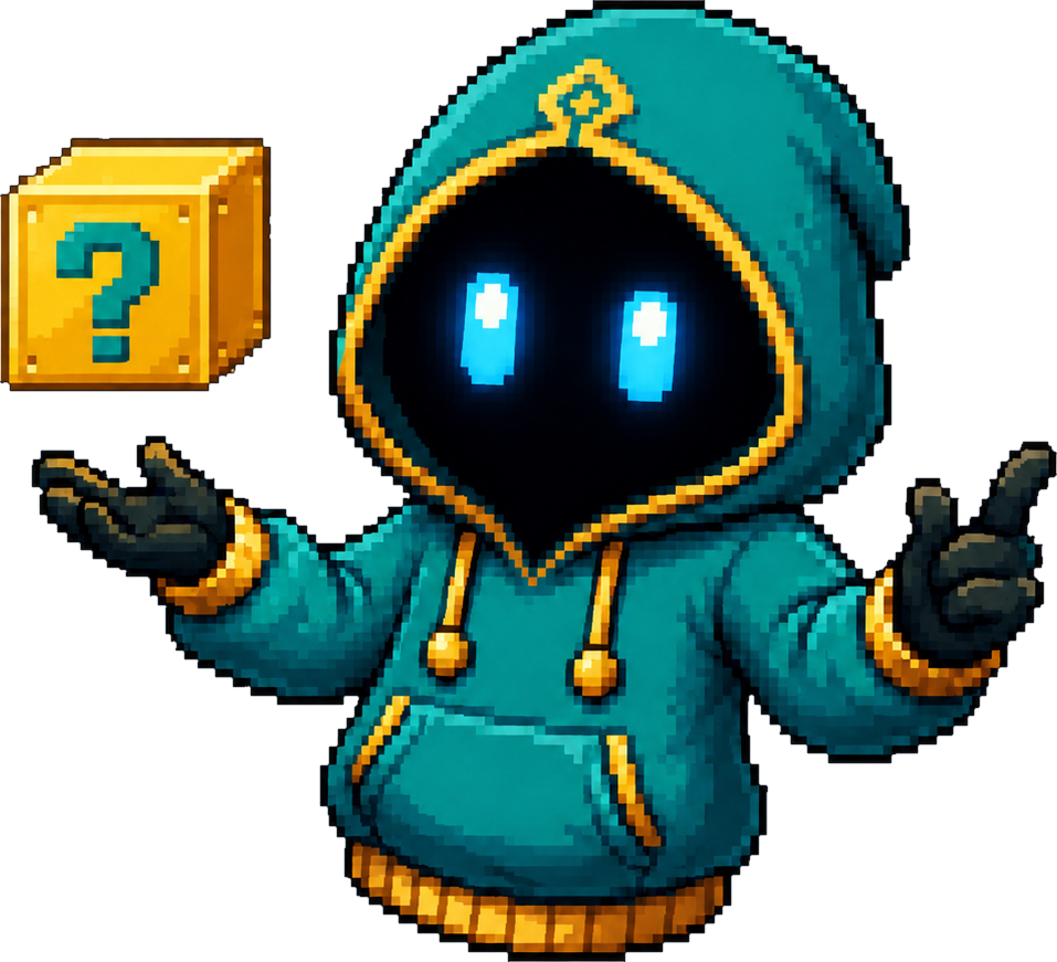 JIJAQ, el mago extraterrestre de HIHAQX, con capucha turquesa, ribetes dorados y ojos de luz cian, junto a un bloque de pregunta.